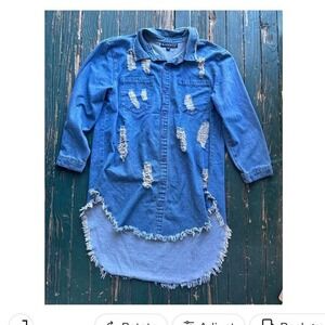 Blue denim shirt dress with ripped details Long